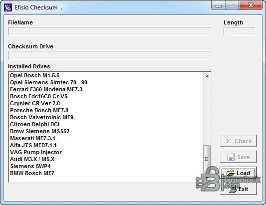 Efisio checksum correction workspace showing load, check and save controls