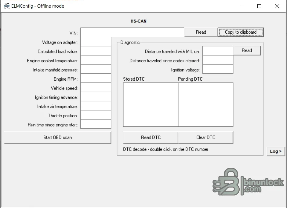 ELMConfig interface with HS-CAN connection, vehicle information, live parameters and diagnostic trouble-code controls