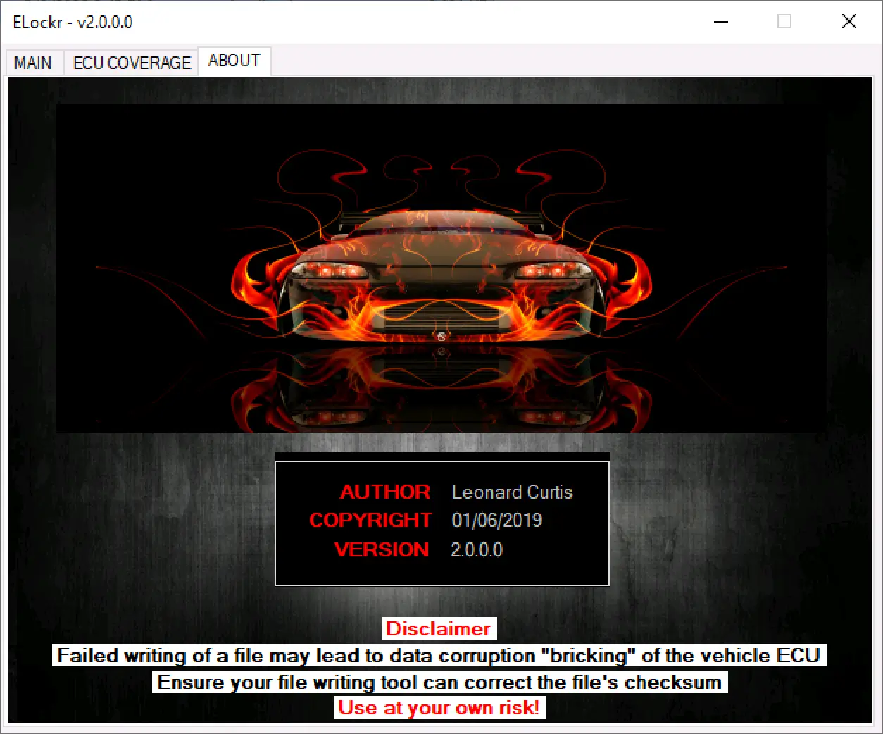 ELockr 2.0.0.0 about screen with checksum and file writing risk warning for safe ECU file handling and documentation.