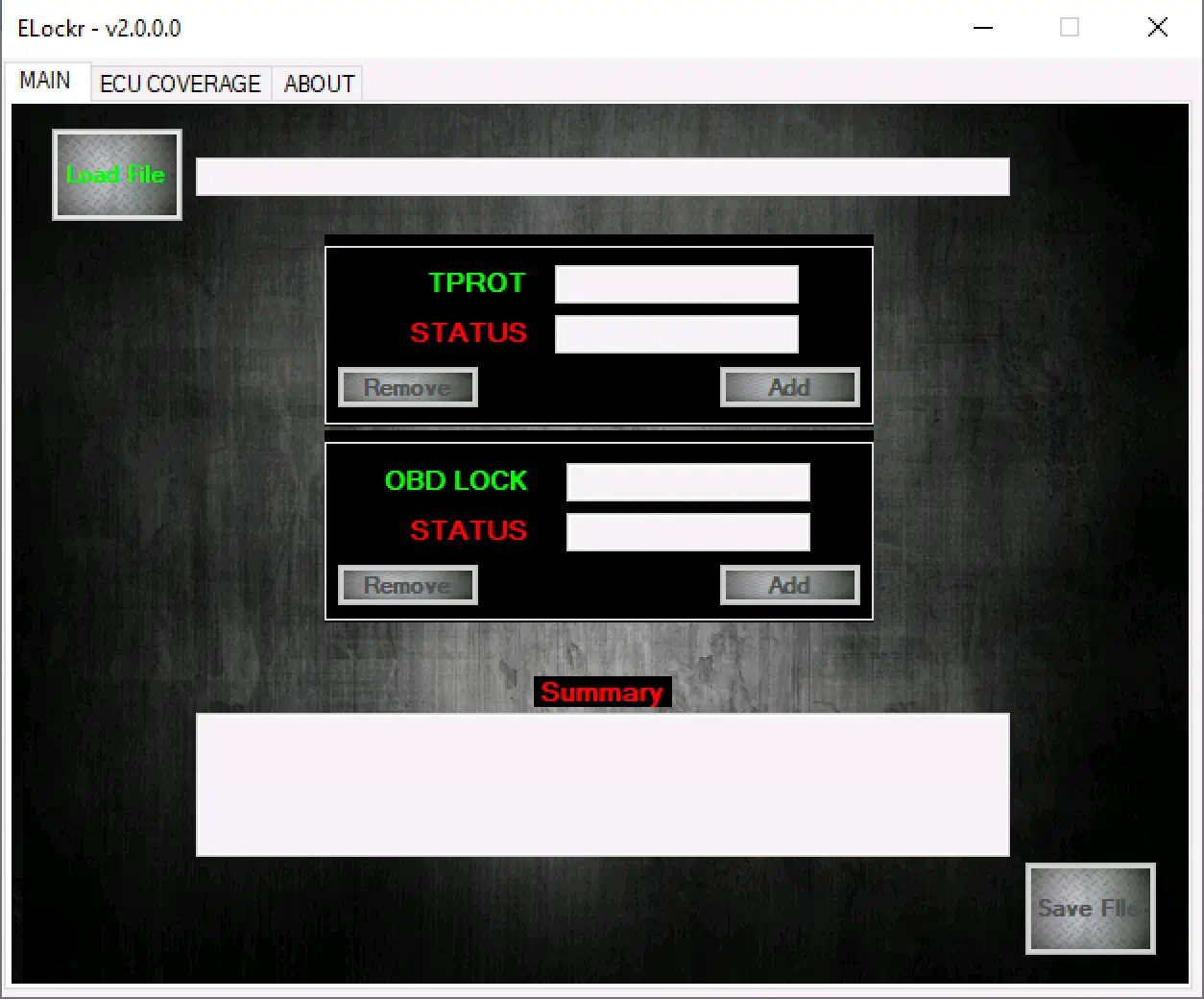 ELockr 2.0.0.0 main screen showing TPROT and OBD lock status fields with load and save workflow for ECU file review.