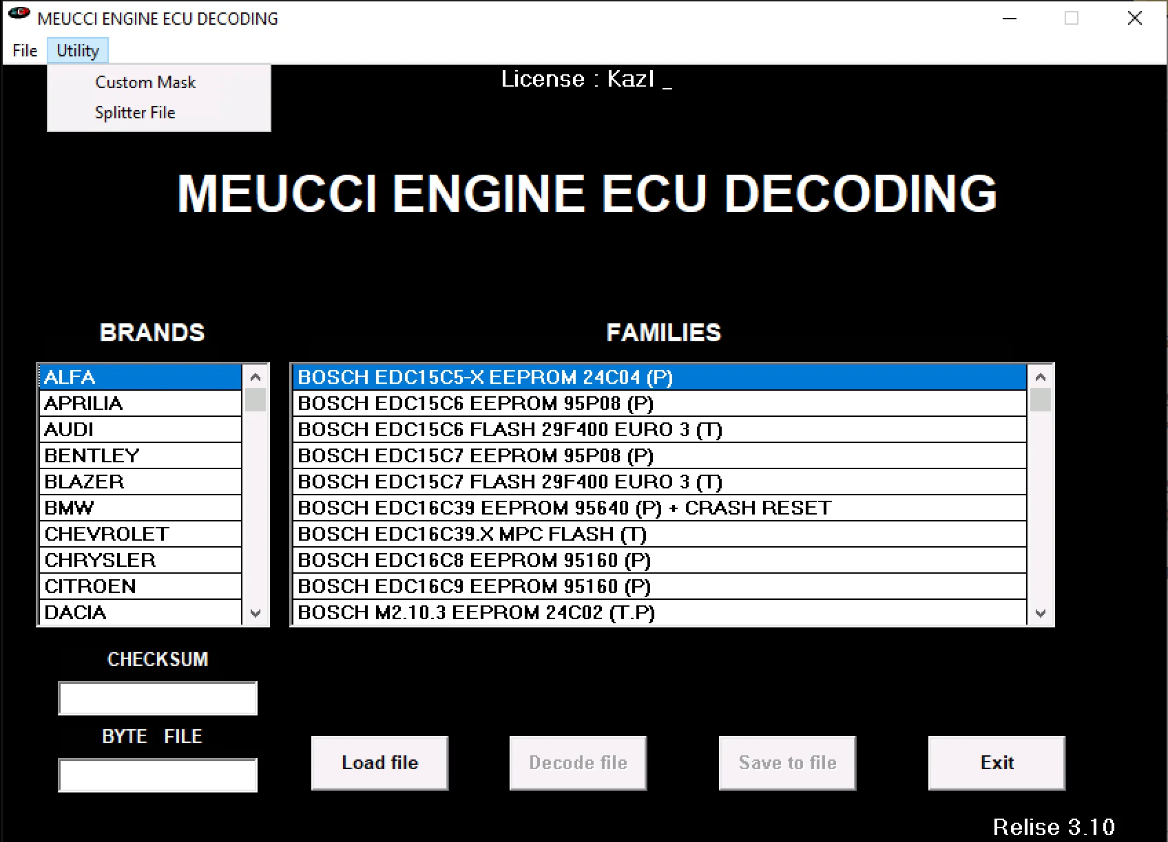 The main interface of Meucci Engine ECU Decoding v3.10, showing the brand and ECU family selection lists, with Alfa Romeo and various Bosch EDC15/EDC16 ECUs selected.
