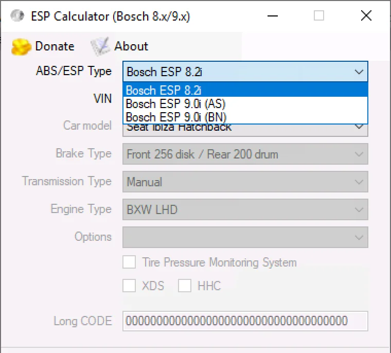 ESP Long Coding Calculator with Bosch ESP 8.2i and 9.0i module selection for VAG cars
