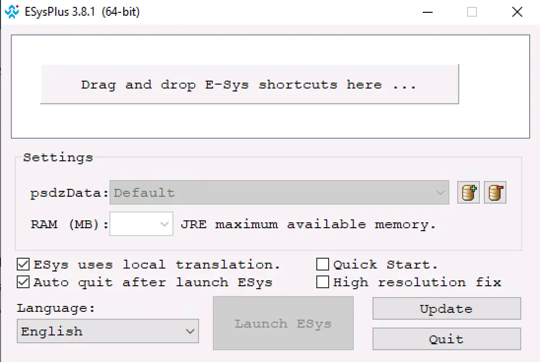 The user interface for ESysPlus 3.8.1 (64-bit), a launcher for the BMW E-Sys software, showing settings for psdzData path, RAM allocation, and language.
