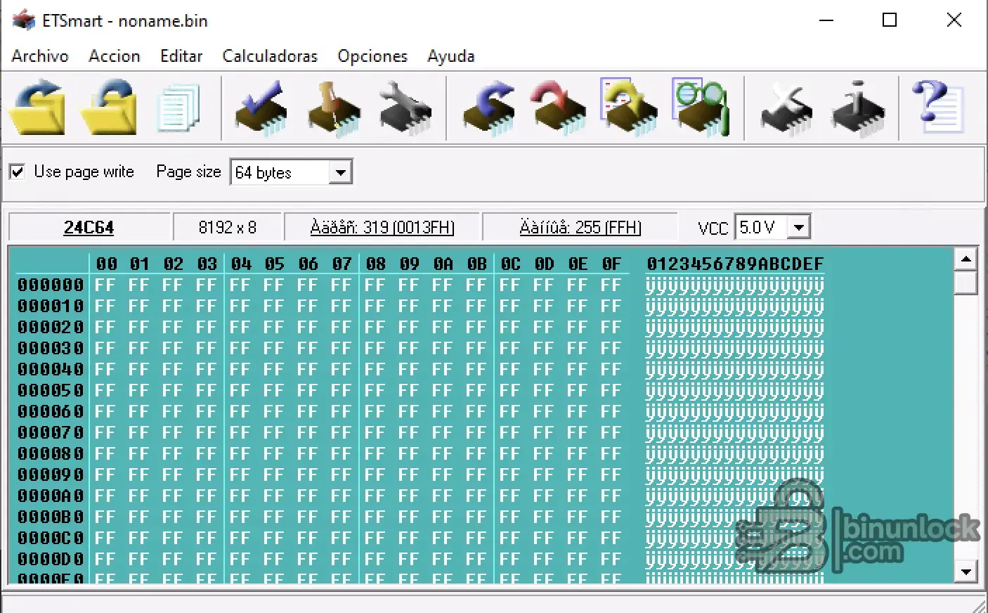 ETSmart USB v1.00 showing 24C64 EEPROM hex editor