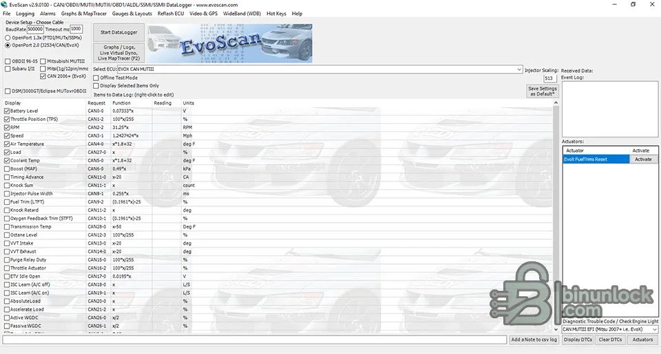 EvoScan live-data logger with Mitsubishi and Subaru protocol selectors, sensor channels, graphs and actuators