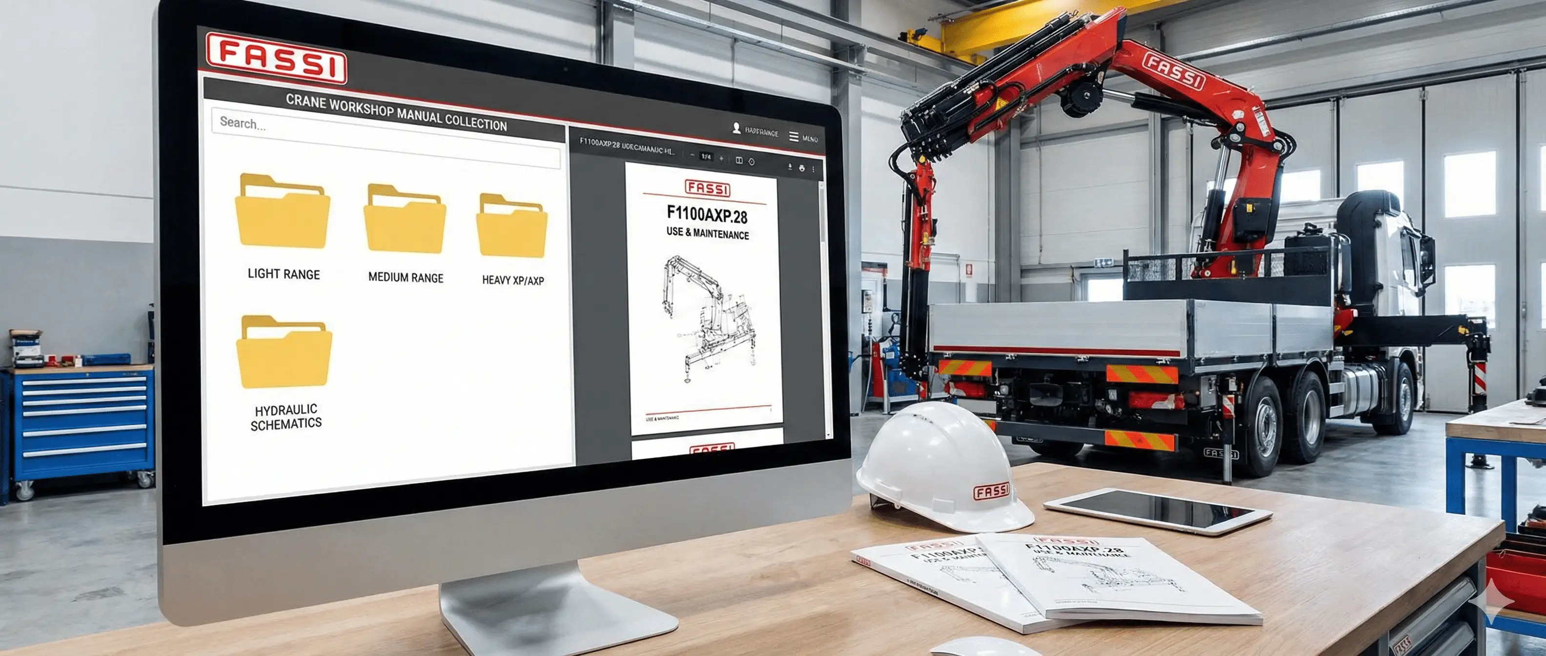 Fassi crane workshop manual collection showing F1100AXP.28 use and maintenance PDF, light medium heavy XP AXP ranges and hydraulic schematics.
