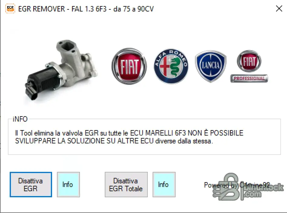 Magneti Marelli 6F3 EGR Remover interface for FCA 1.3 Multijet engines showing standard and total disable options.