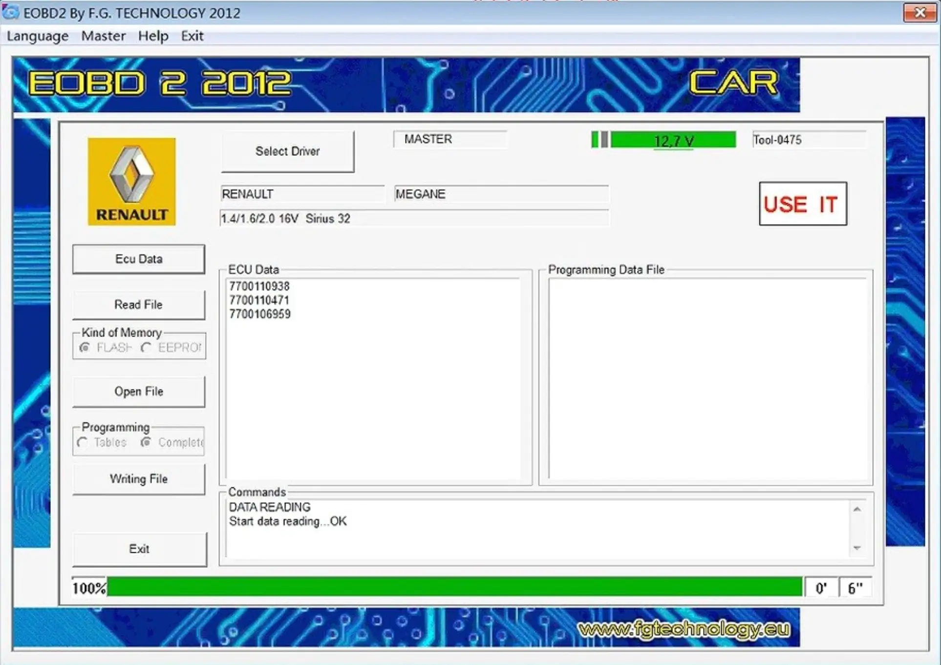 FGTech Galletto V54 EOBD2 2012 Master — Tool 0475 (0386 compatible), firmware fix HEX/EPT LPC2119, ECU read/write, K-Line & CAN, checksum, tables view.