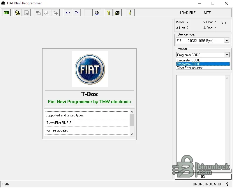 Fiat Navi Programmer showing TravelPilot RNS 3 support, FIS 24C32 dump type and calculate, program and error-counter actions