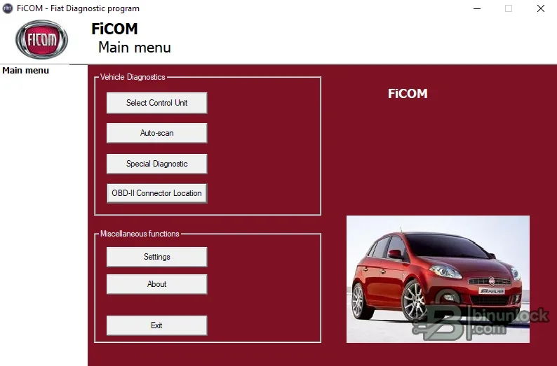FiCOM main menu with control-unit selection, automatic scan, special diagnostics and OBD connector-location functions
