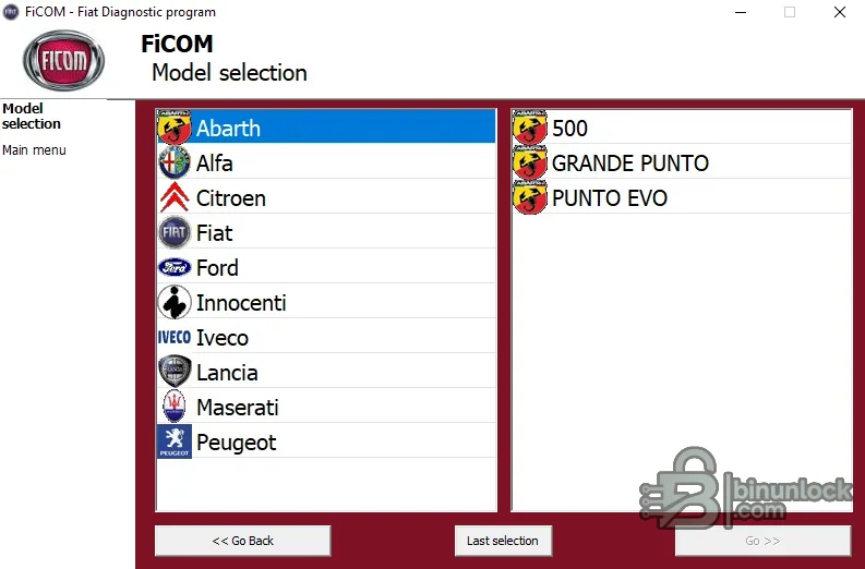 FiCOM model selection showing Abarth, Alfa, Fiat, Iveco, Lancia and related vehicle entries