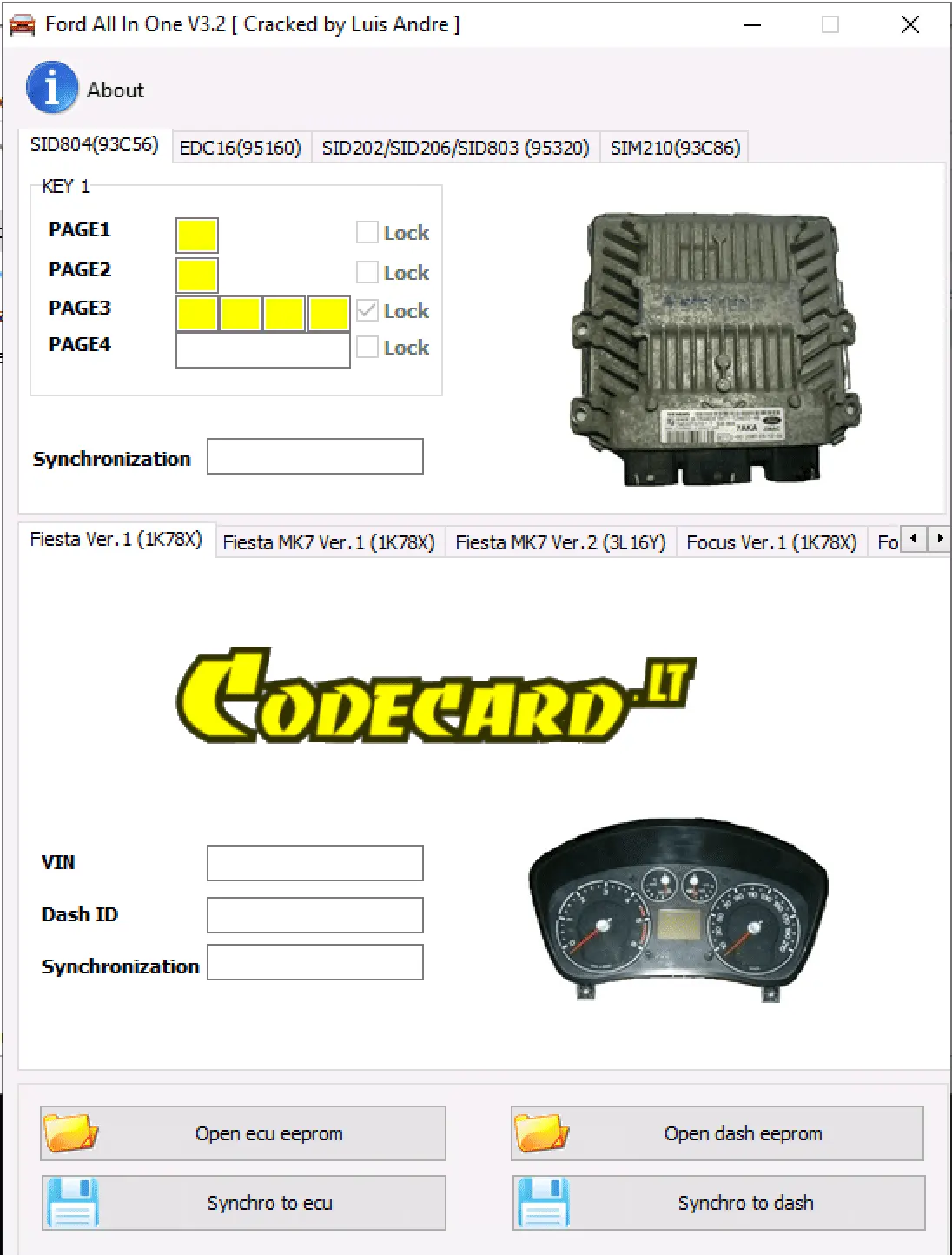 Ford All-In-One v3.2 on SID804 (93C56) tab showing key pages, lock flags, synchronization field and ECU image.