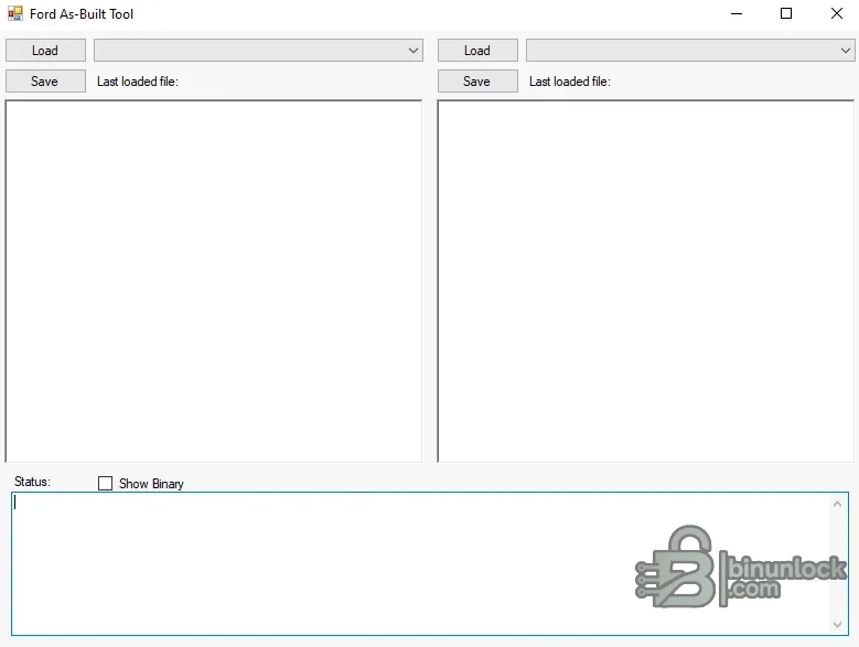 Ford As-Built Compare Tool interface with two file panels, a module selector and binary display option