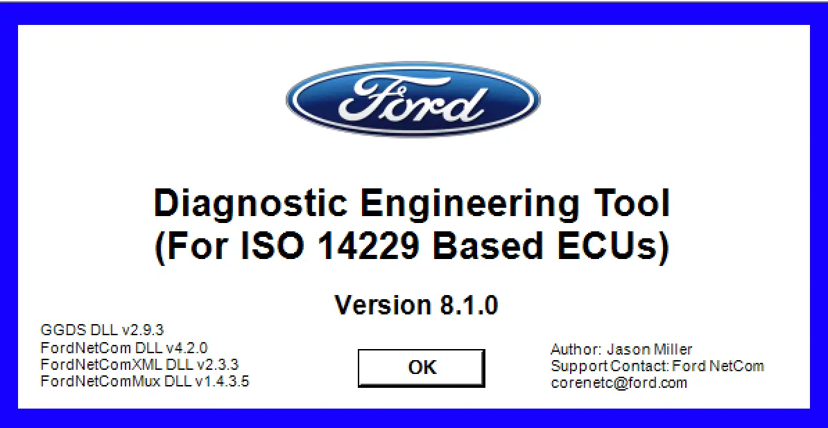 Ford DET v8.1.0 about window confirming ISO 14229 support and listing FordNetCom and GGDS library versions.