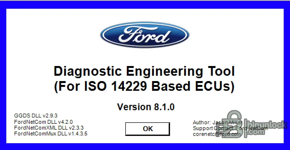 Ford DET v8.1.0 about window confirming ISO 14229 support and listing FordNetCom and GGDS library versions.