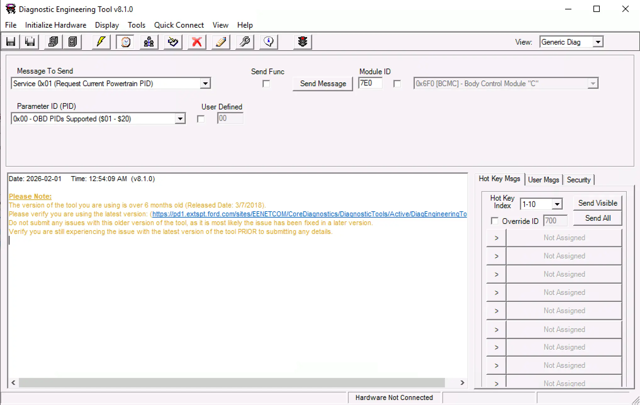Ford DET v8.1.0 UDS diagnostic message sender with module ID targeting and PID request options.
