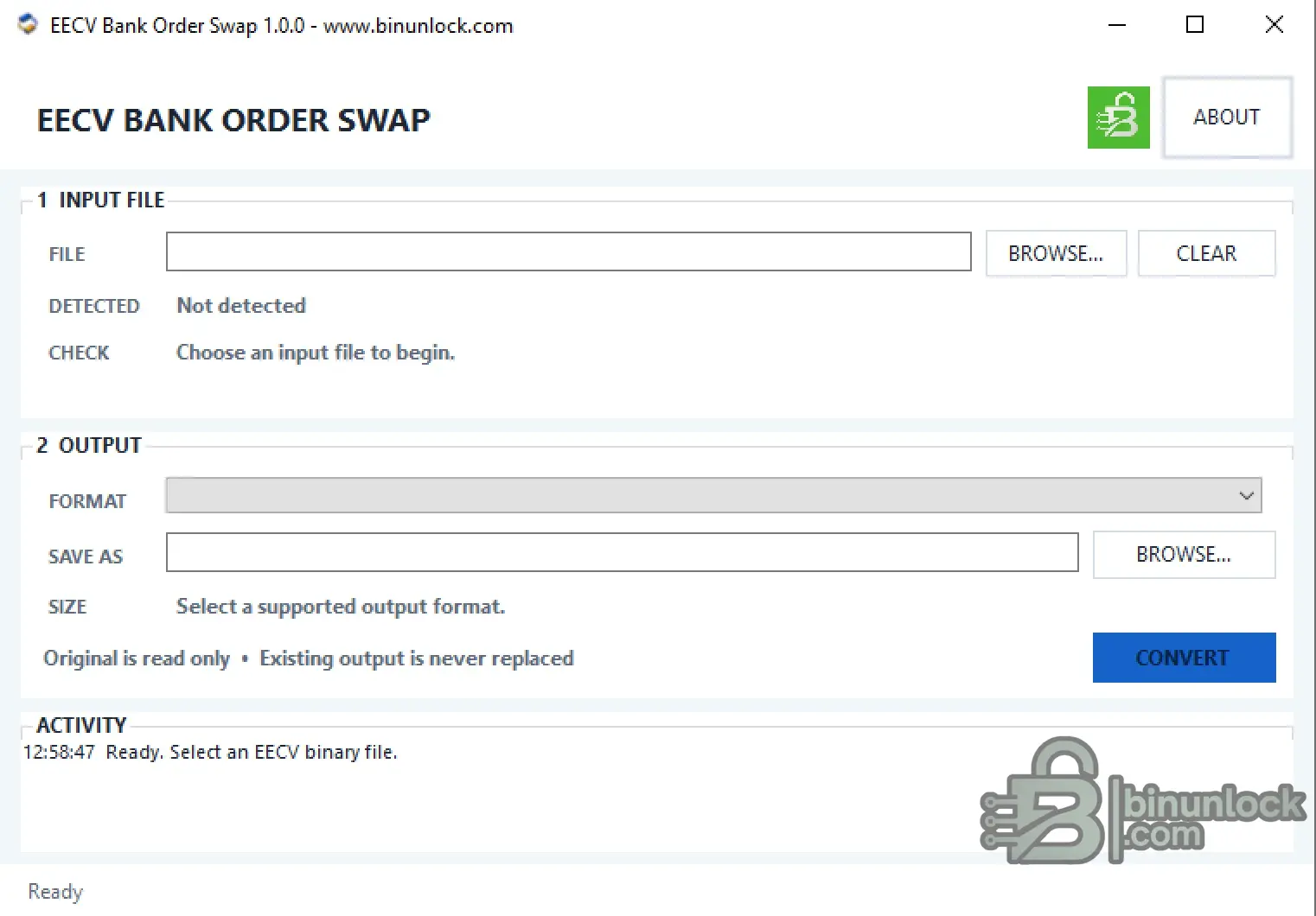 Ford EEC-V Bank Order Swap utility for detecting and converting PCM BIN flash files between supported 88K, 112K, 216K, 224K and 256K bank-order formats.