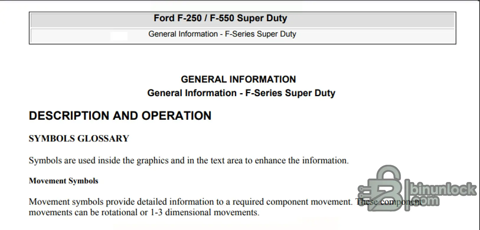 Ford F-250 F-550 2016 workshop manual screen showing general information, operation details, and symbols glossary.