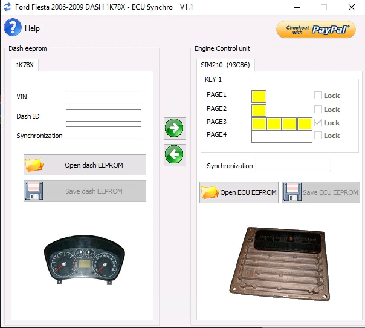 The main interface of the Ford Fiesta DASH & ECU Synchro tool, showing panels for the 1K78X instrument cluster and the SIM210 engine control unit.
