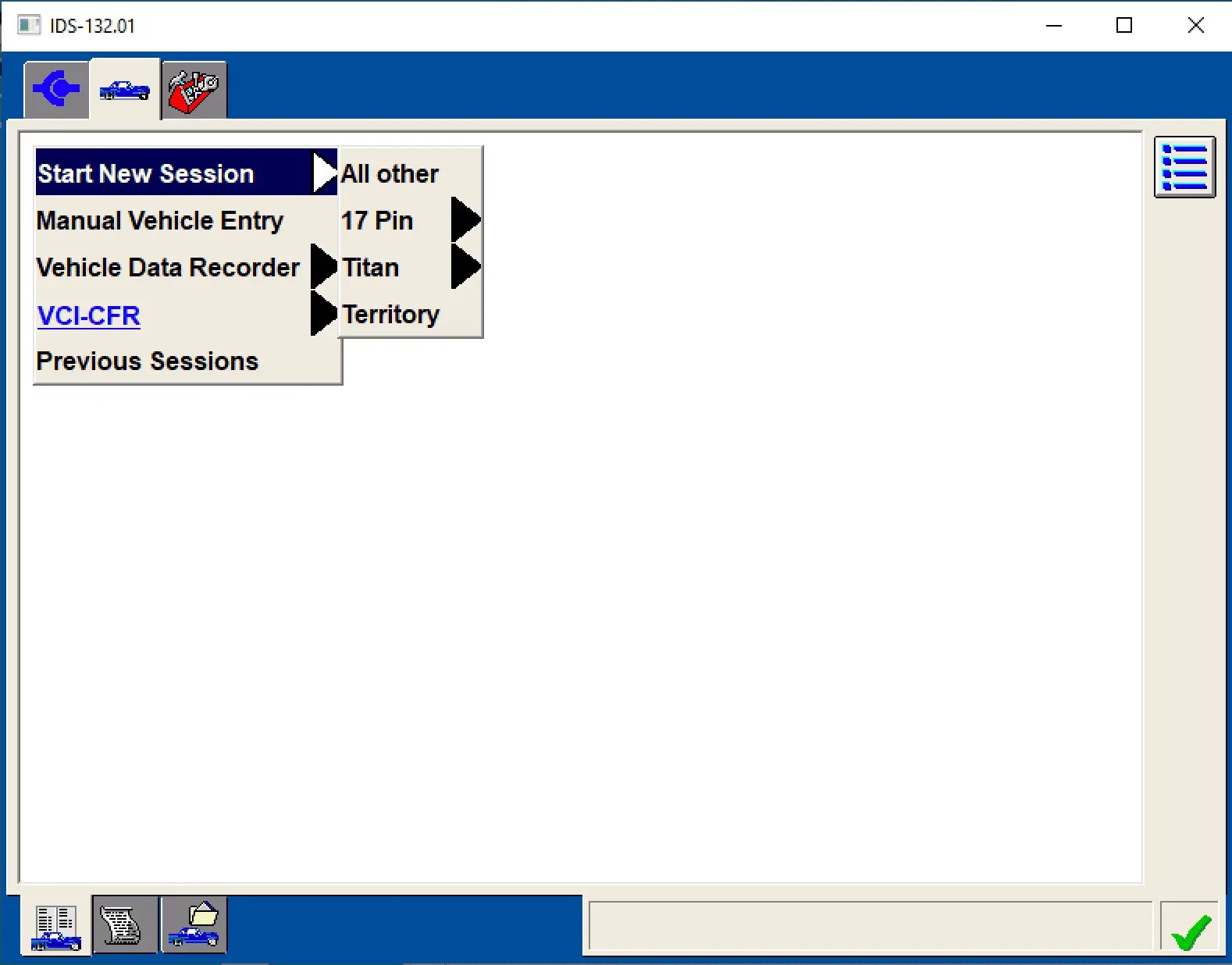 The Start New Session menu in Ford IDS v132.01, showing options for vehicle entry and starting the VCI-CFR.