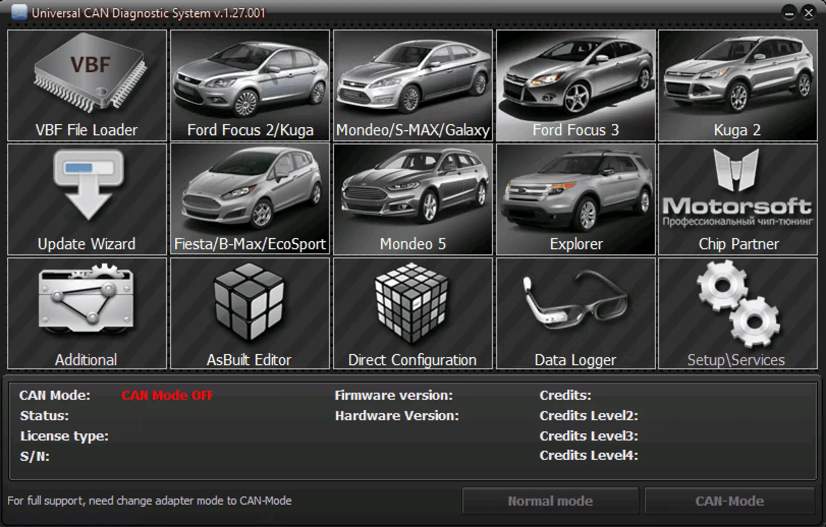 UCDS v1.27.001 main dashboard with model tiles and CAN status