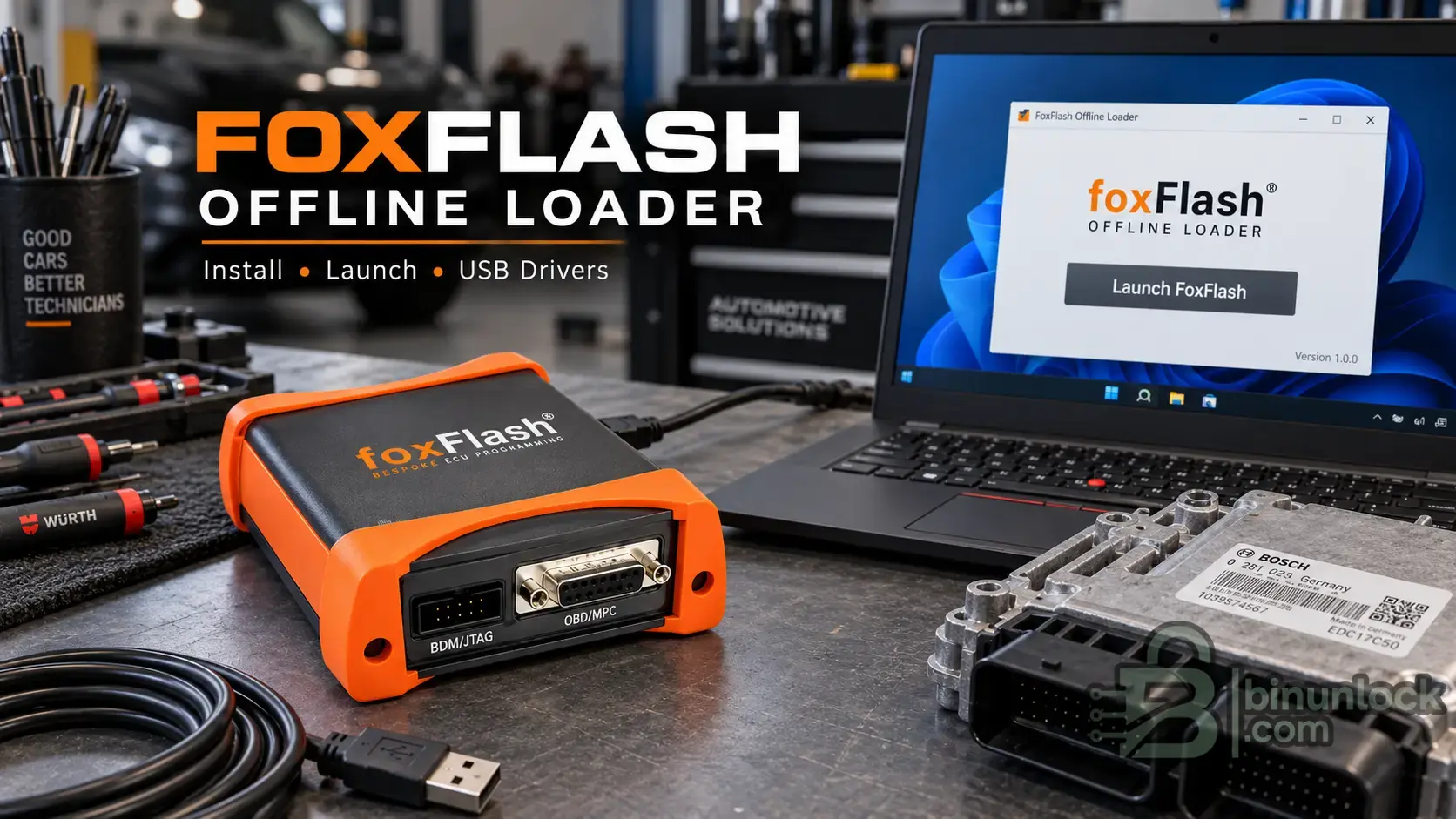 FoxFlash Offline Loader software with FoxFlash ECU programmer, USB connection and offline launcher interface