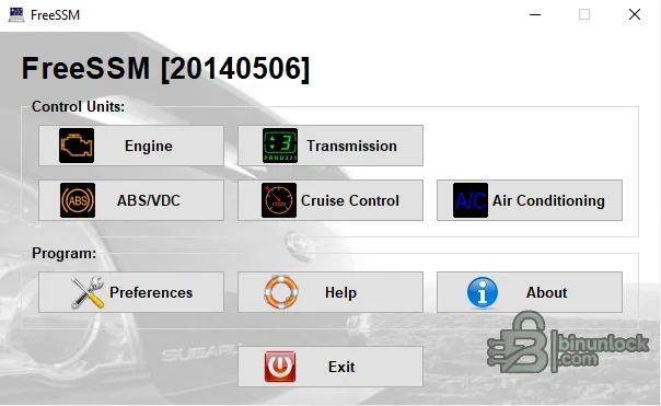 FreeSSM main menu with Subaru engine, transmission, ABS, cruise control and air-conditioning diagnostic modules