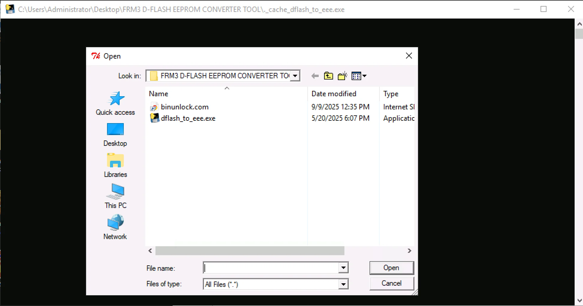 FRM3 D-FLASH to EEE Converter showing Windows Open dialog with portable executable selected.