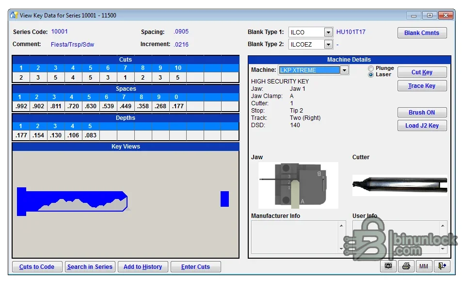 Genericode key data screen showing series code, cuts, spaces, depths, blank references, key profile and machine controls