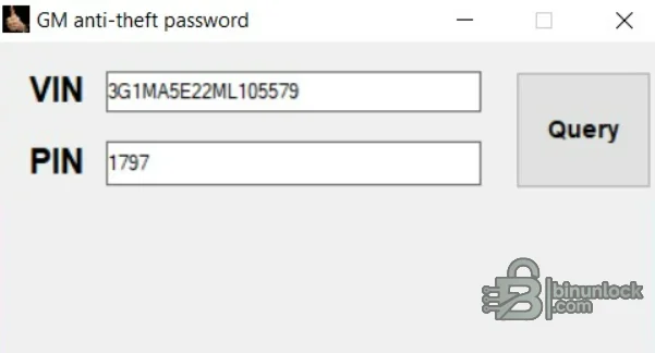 GM anti-theft password calculator with VIN input, PIN result field and query control