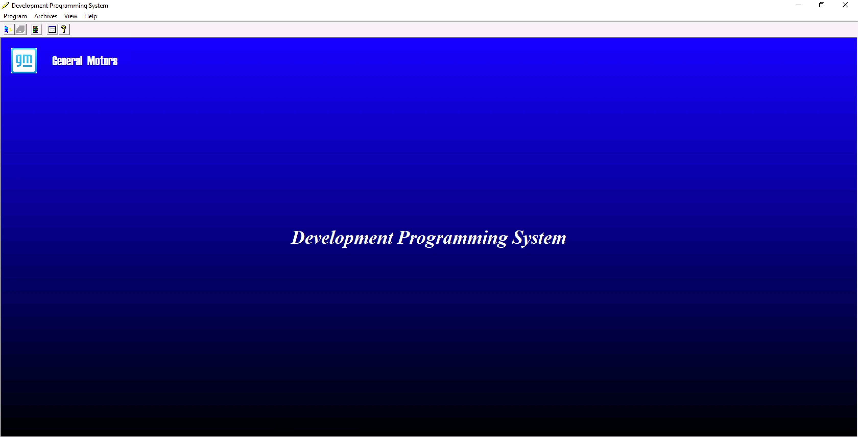 GM Development Programming System main window on Windows showing the blue start screen.