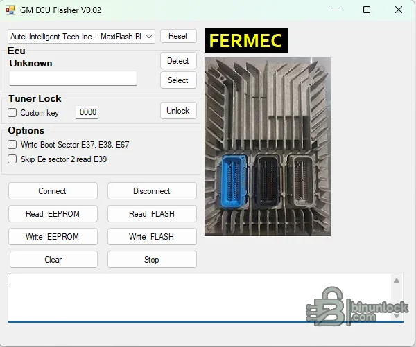 GM ECU Flasher interface with ECU detection and flash or EEPROM read and write controls