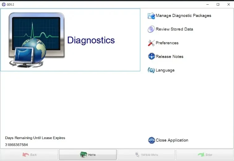 The main home screen of the GM GDS2 diagnostic software, showing the menu with options like Manage Diagnostic Packages and a Days Remaining Until Lease Expires counter.