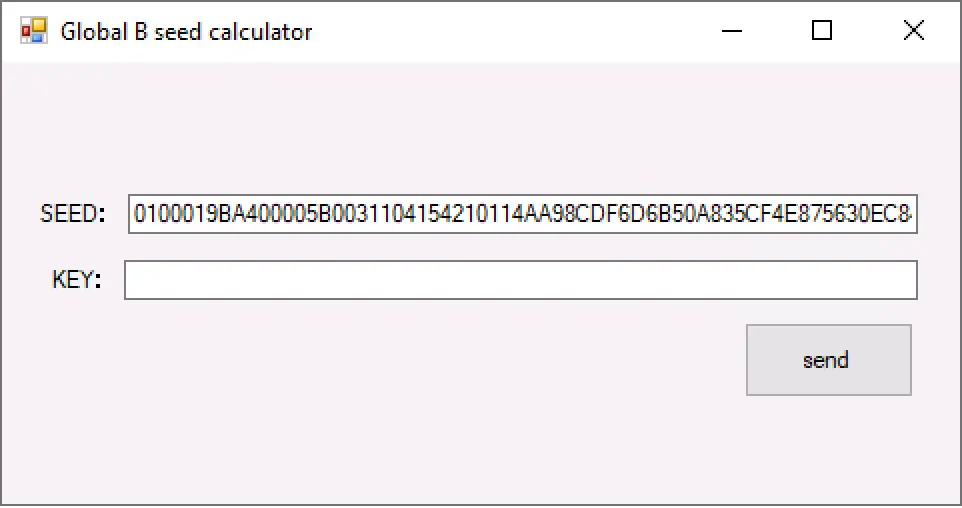 Global B seed calculator tool window showing GM seed input and key output fields for security access workflows.