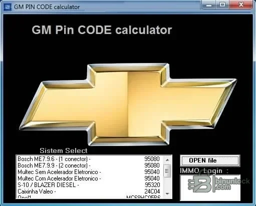 GM and Opel PIN calculator showing Bosch, Multec, Valeo and diesel controller selections with dump-file input