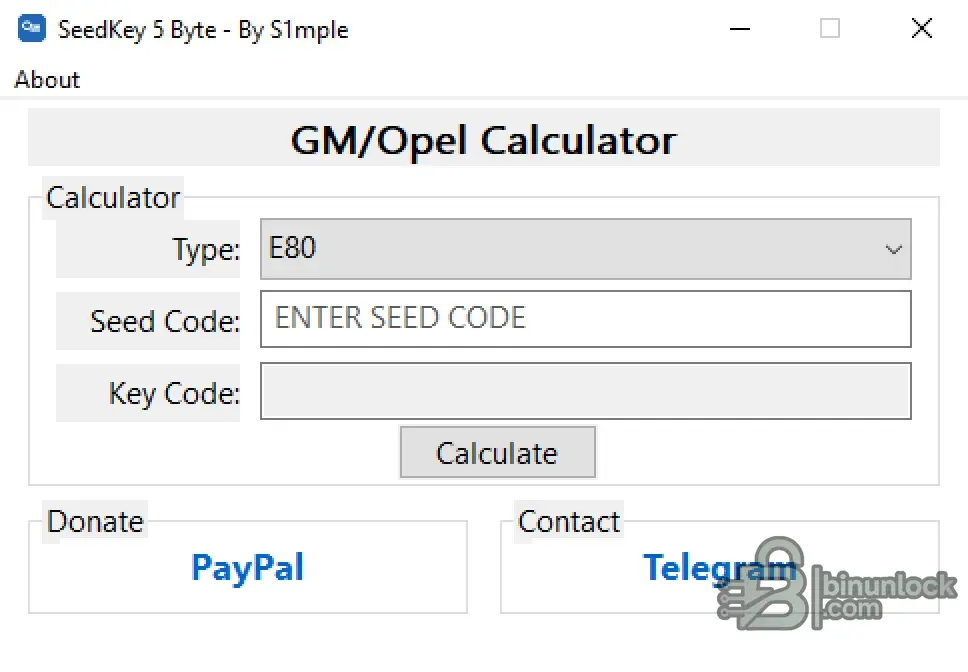 GM Opel SeedKey 5 Byte calculator showing ECU type selection, Seed Code input and calculated Key Code field.
