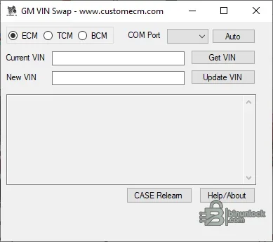 GM VIN Change App interface with ECM, TCM and BCM selection, COM port, current VIN, new VIN and CASE relearn controls