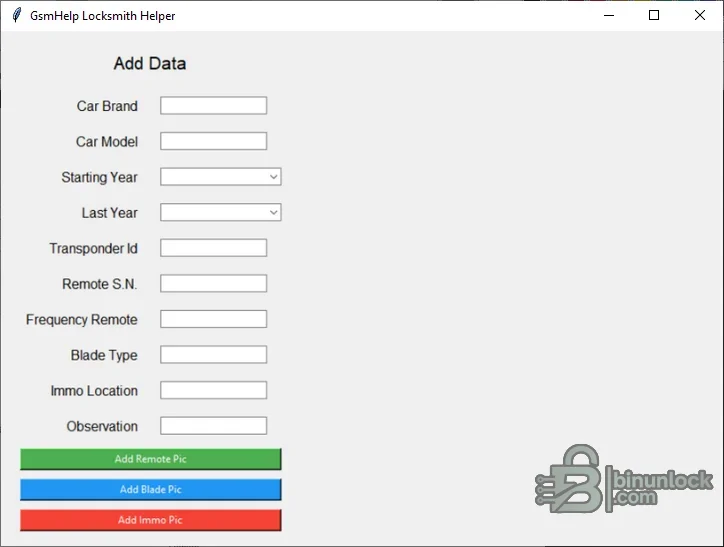 GsmHelp Locksmith Helper data-entry screen for vehicle, transponder, remote frequency, blade and immobilizer details