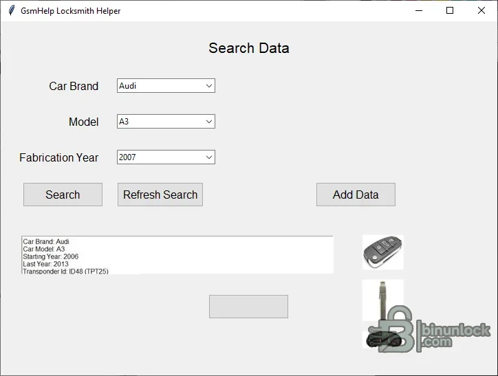 GsmHelp Locksmith Helper vehicle-key reference search and stored-record view