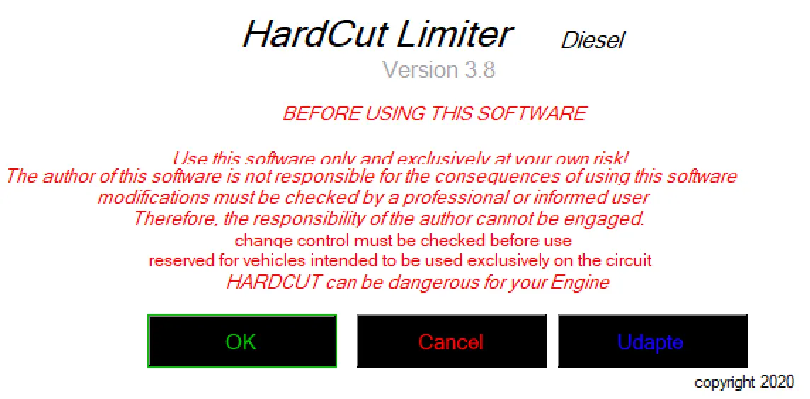 HardCut Limiter Diesel v3.8 warning screen highlighting safe use for hardcut, rev limiter, and launch control features.
