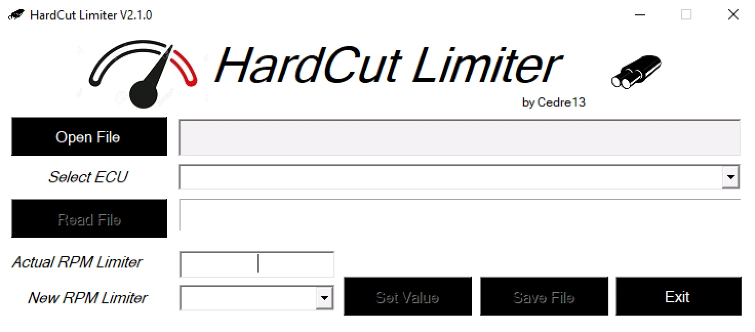 HardCut Limiter 2.1.0 main interface for loading ECU files and viewing current and new RPM limiter values.