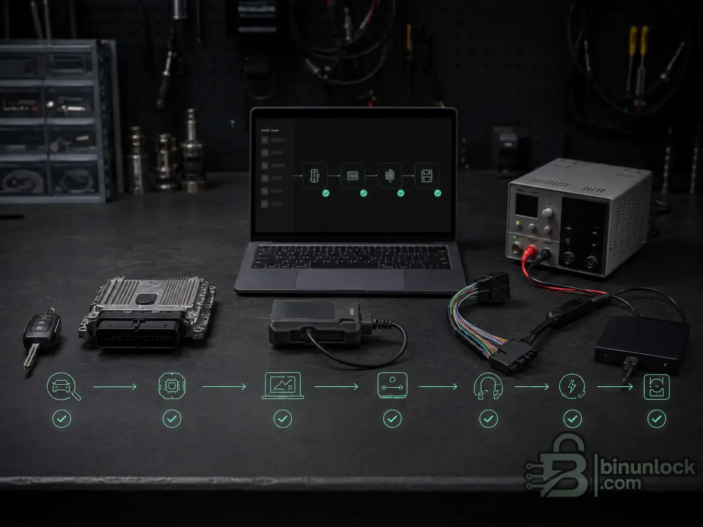 Hardware and software compatibility workflow for ECU flashing with ECU, interface, cable, power supply and recovery plan.