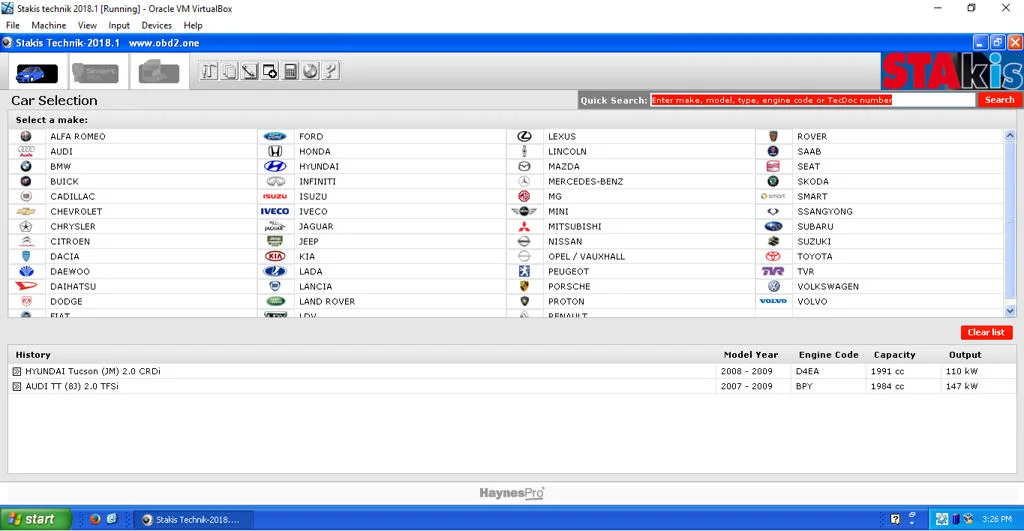 Haynes WorkshopData v2018.1 car selection screen with quick search and brand grid