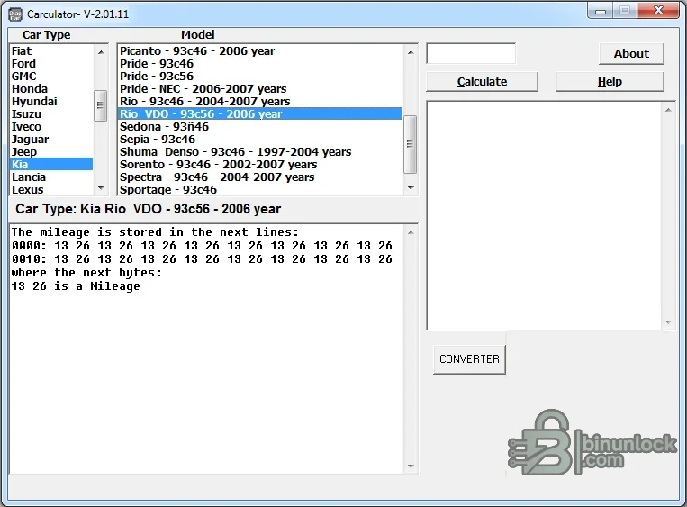 HCIP Dashboard Calculator interface with Kia Rio VDO selection, EEPROM type and mileage byte locations