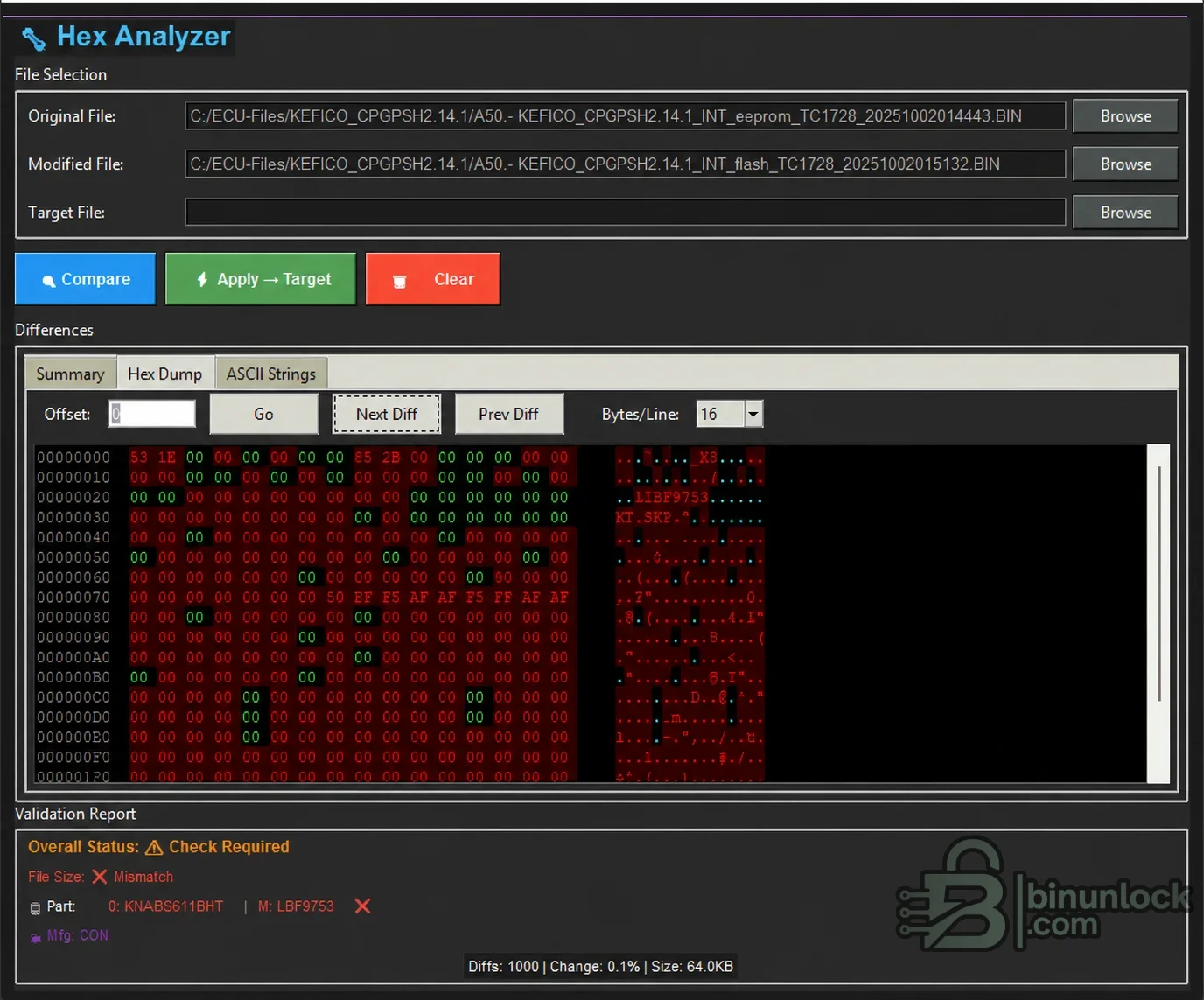Hex Advance Analyzer comparing original and modified ECU binaries with highlighted byte differences and compatibility checks