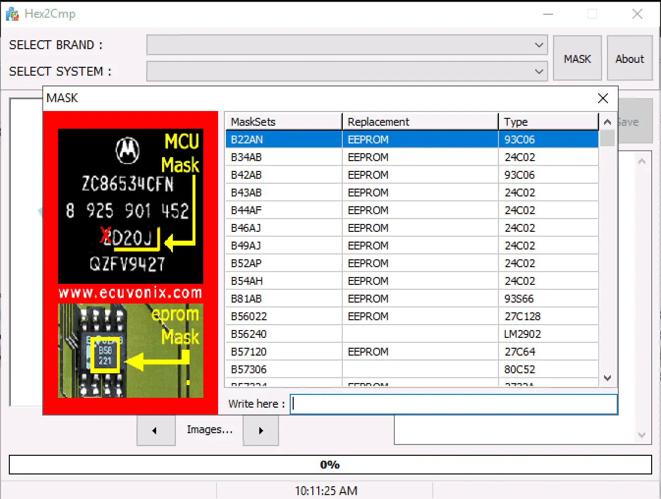 The Mask database window in Hex2Cmp, listing compatible Motorola MCU mask sets and their corresponding external EEPROM replacement chips.