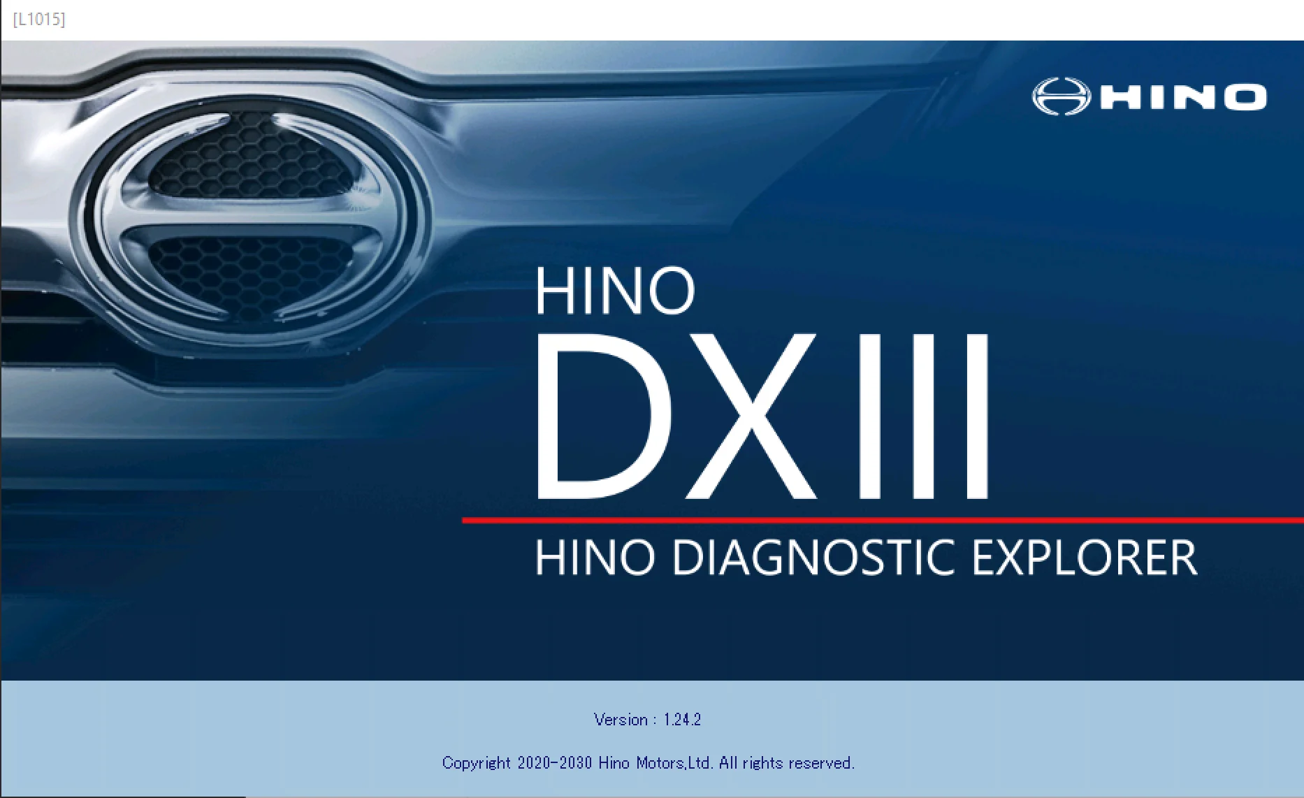 HINO DX3 splash screen showing “HINO DIAGNOSTIC EXPLORER” and version 1.24.2.