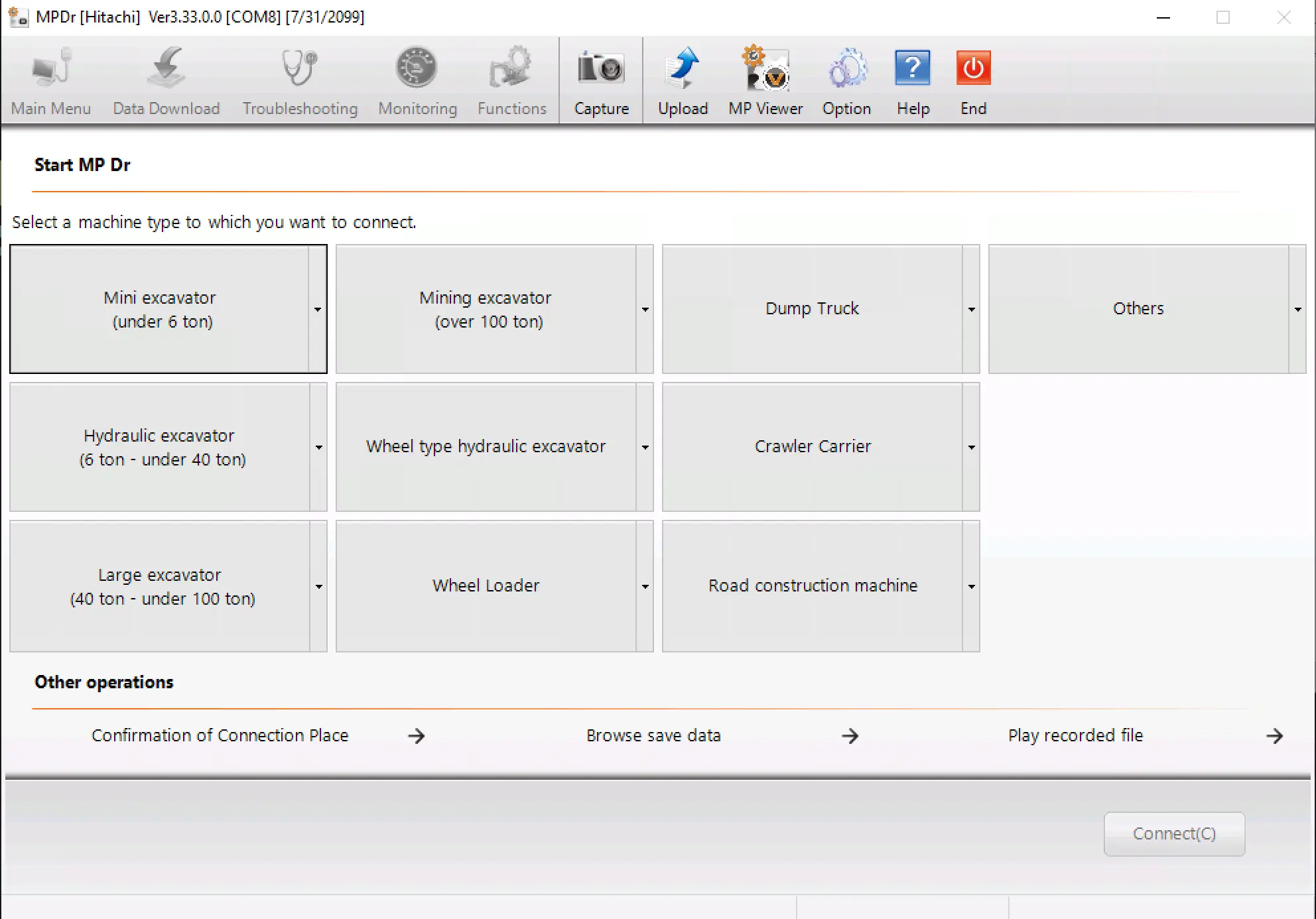 Hitachi MPDr MaintenancePRO 3.33.0.0 main menu with machine type selection for mini excavator hydraulic excavator wheel loader dump truck crawler carrier and road construction diagnostics
