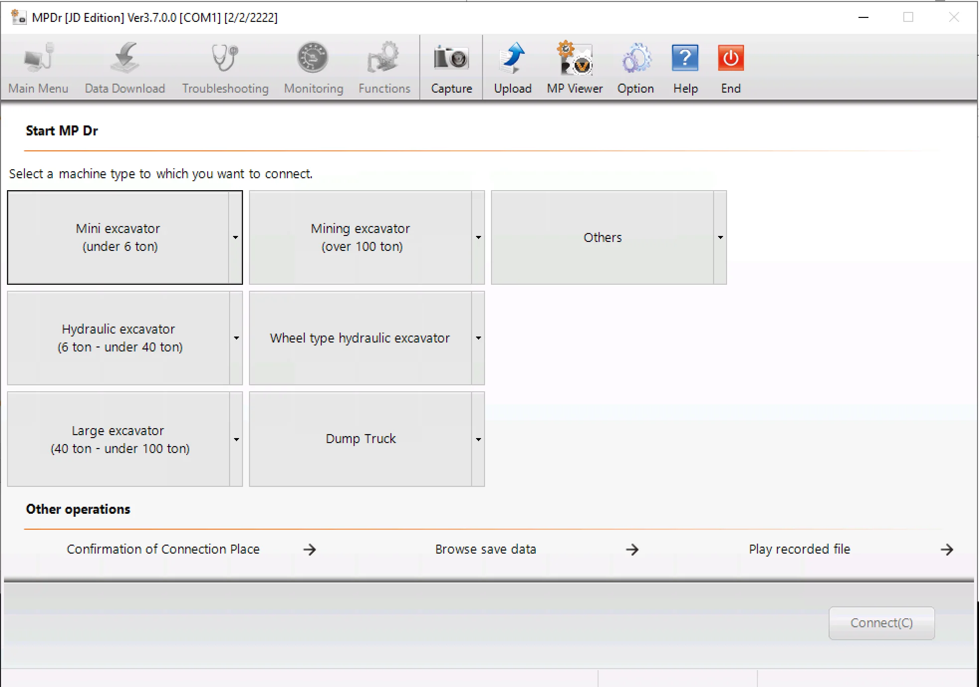 Hitachi MPDr v3.27.0.0 main menu with machine type selection and other operations