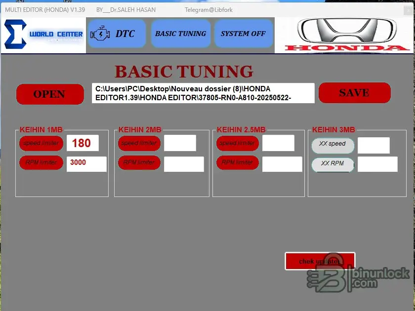 Honda Editor V1.39 basic tuning screen with Keihin ECU groups, speed limiter, and RPM limiter fields.
